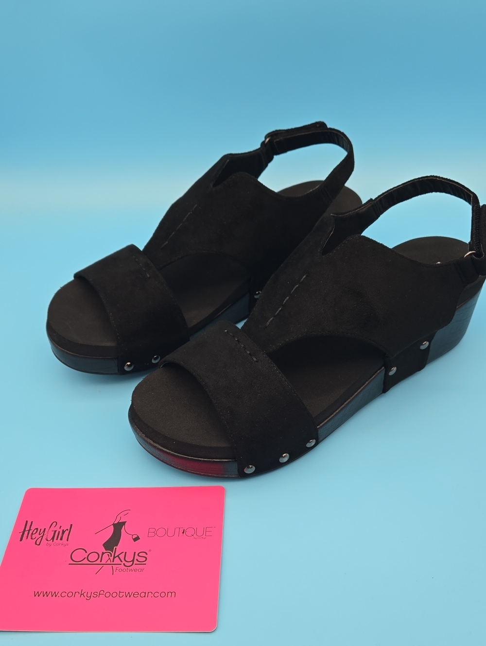 Corkys Black Suede Slingback Platform Sandals with Stud Accents
